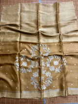 Golden brown silk linen handwoven jamdani saree