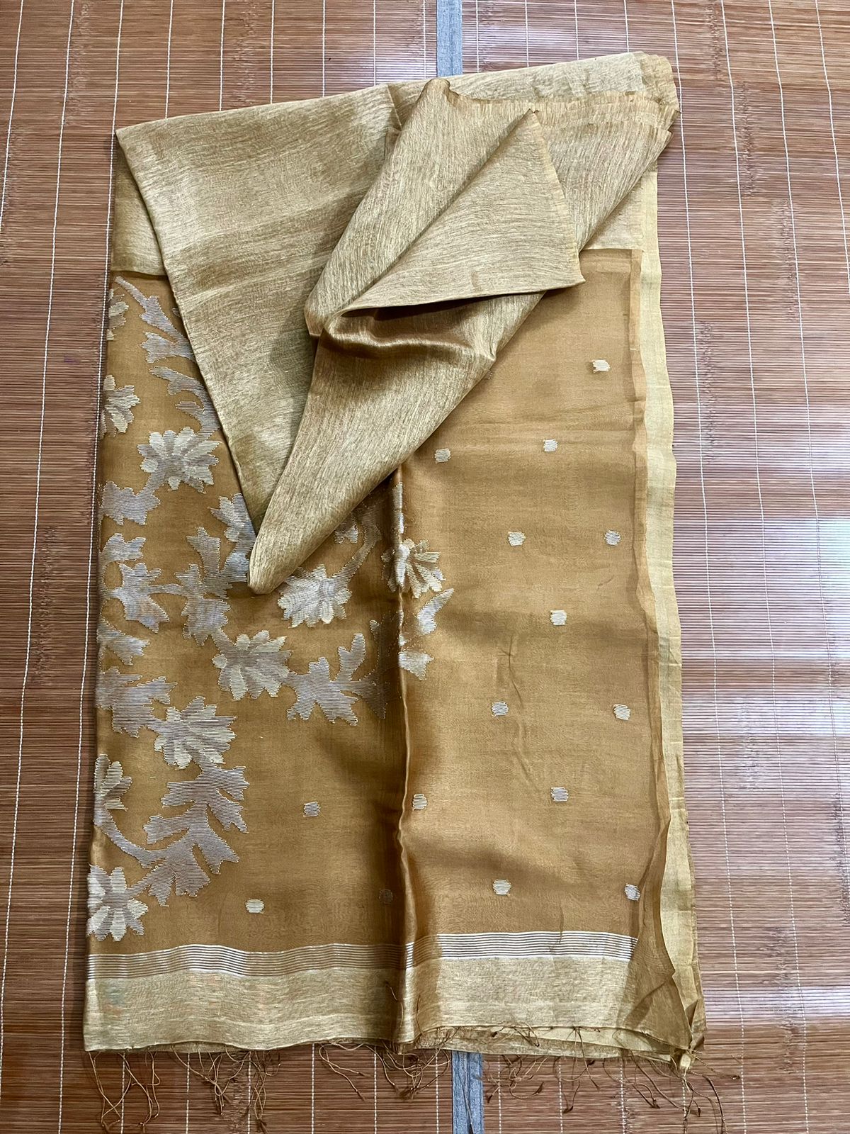 Golden brown silk linen handwoven jamdani saree