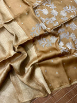 Golden brown silk linen handwoven jamdani saree