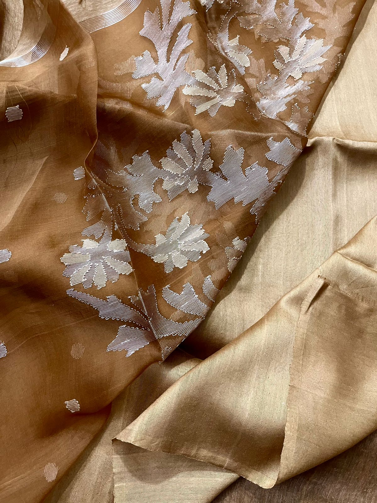 Golden brown silk linen handwoven jamdani saree