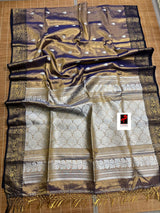 Golden with blue and black border tissue handloom Banarasi saree