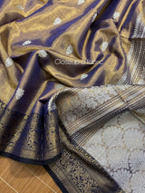 Golden with blue and black border tissue handloom Banarasi saree