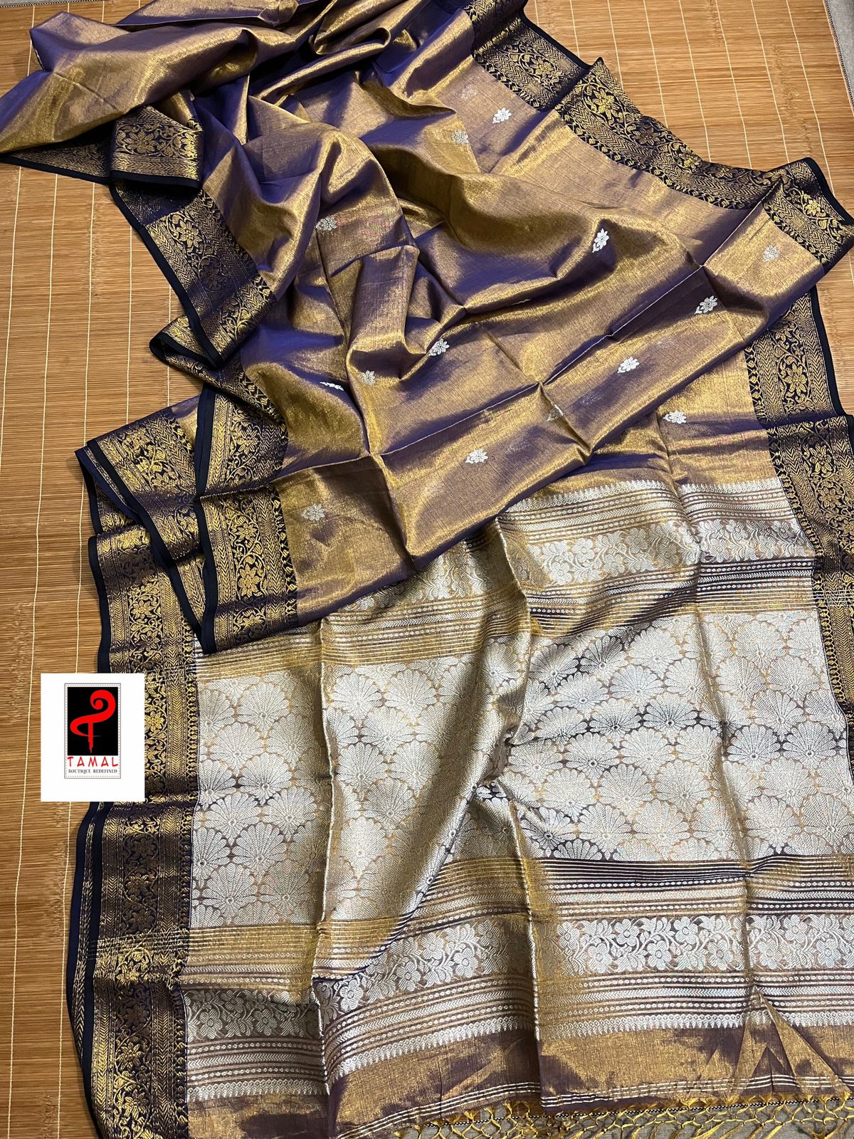 Golden with blue and black border tissue handloom Banarasi saree - Tamal Boutique