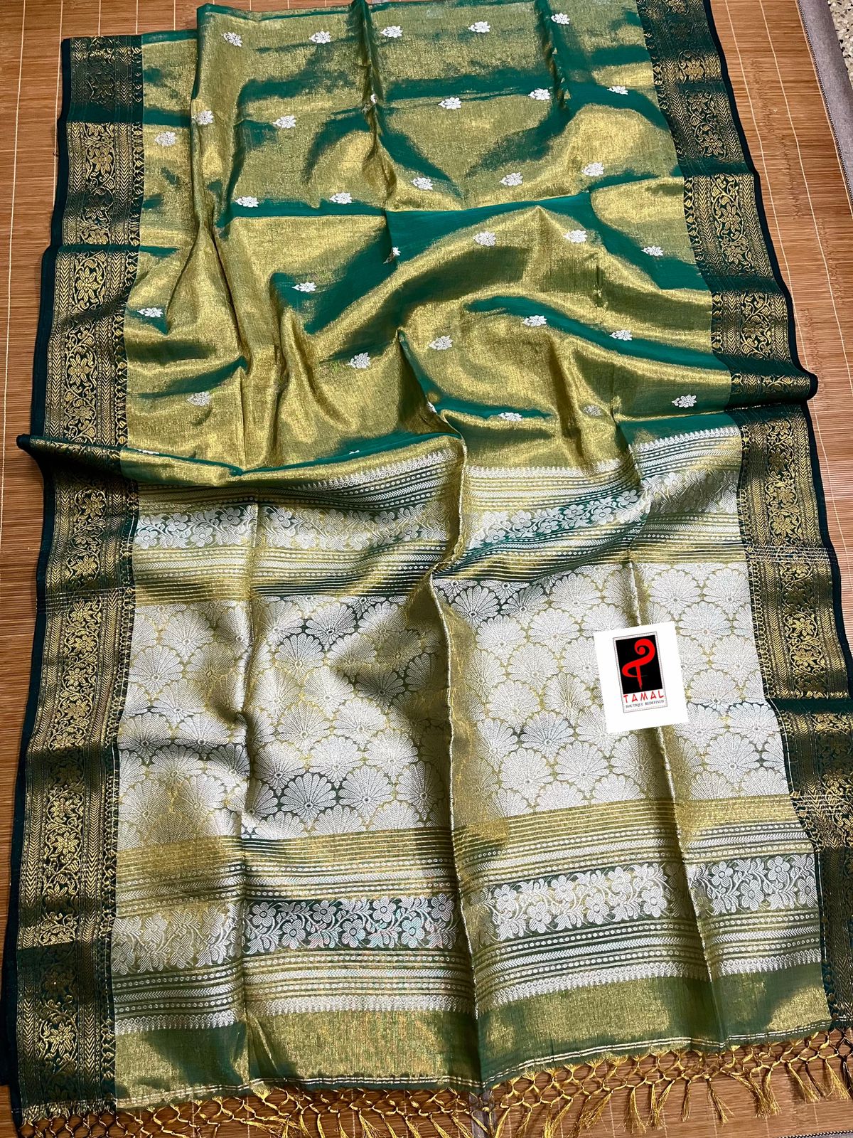 Golden with green and black border tissue handloom Banarasi saree - Tamal Boutique