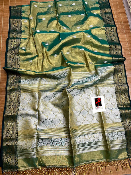 Golden with green and black border tissue handloom Banarasi saree - Tamal Boutique