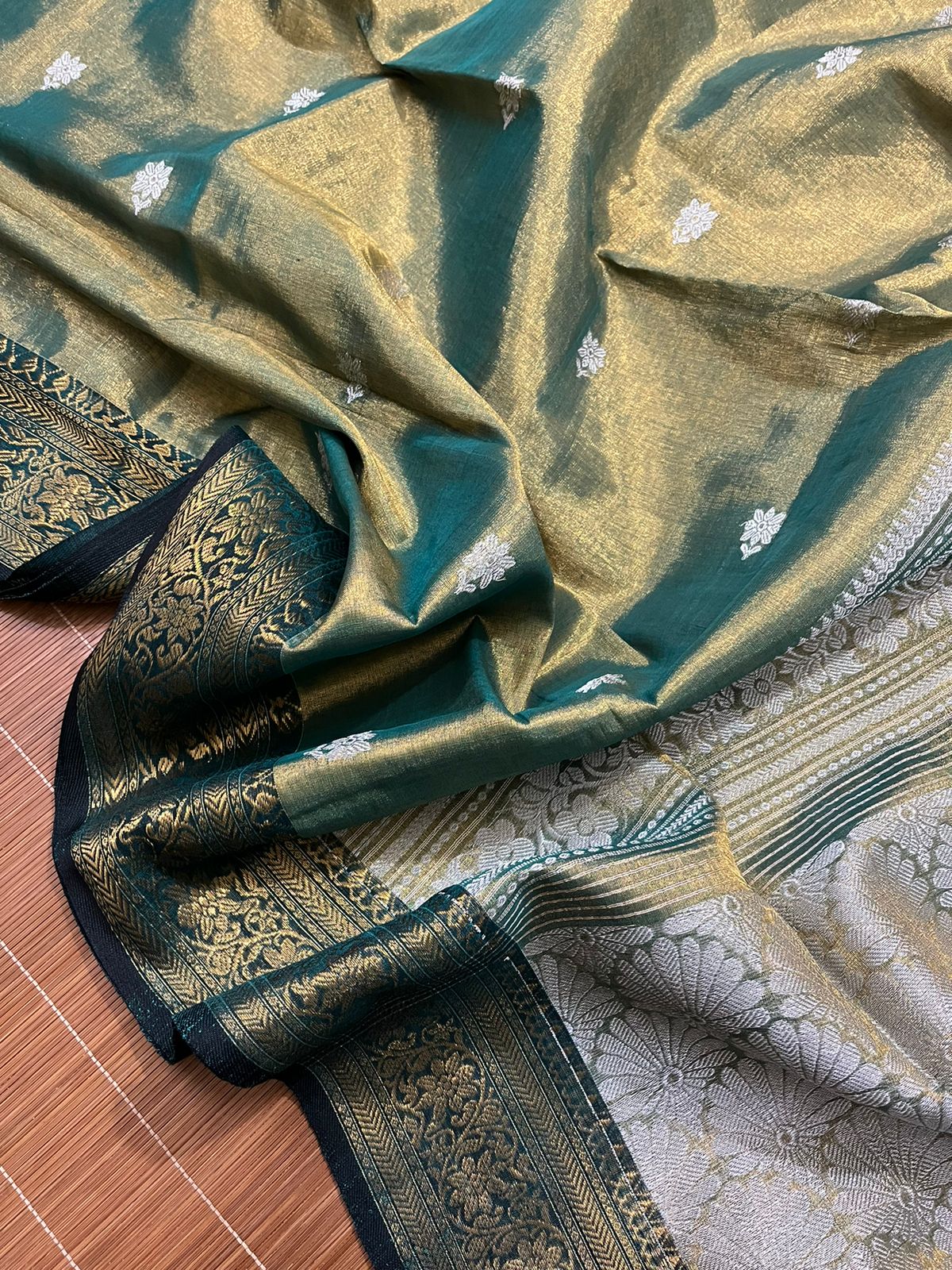 Golden with green and black border tissue handloom Banarasi saree - Tamal Boutique