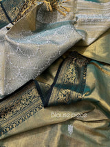 Golden with green and black border tissue handloom Banarasi saree