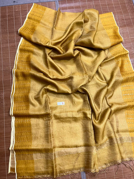 Golden yellow noil tussar zari silk handloom border sequins saree - Tamal Boutique