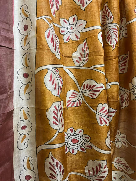 Golden yellow with black pallu hand painted tusser silk saree - Tamal Boutique