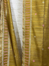 Golden yellow with pink & white kalka motifs matka silk handwoven jamdani saree