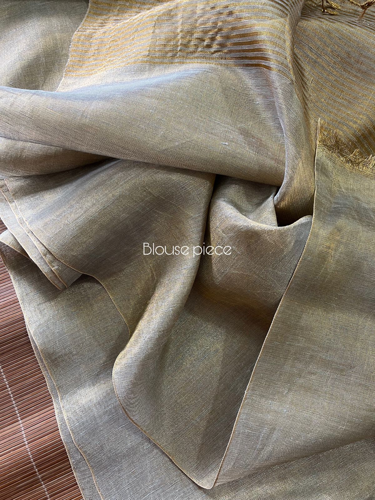 Gold with silver colour dual tone metallic linen handloom saree