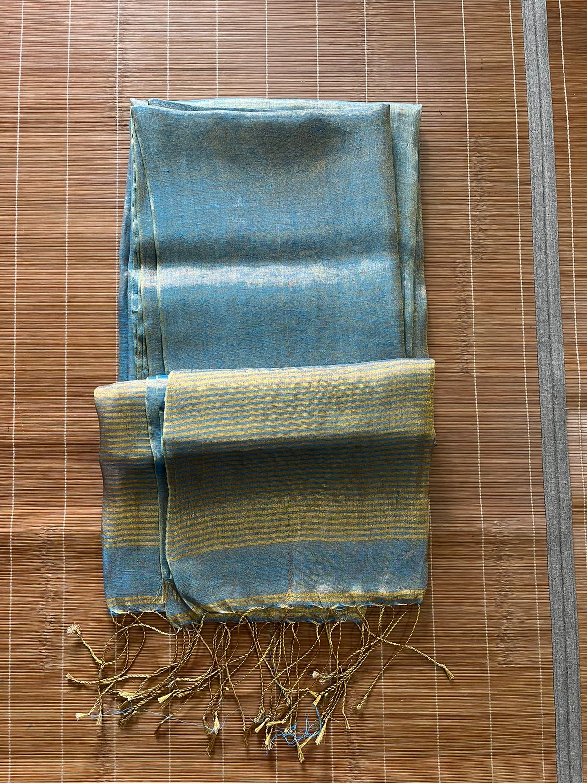 Gold with sky blue dual tone metallic linen handloom saree