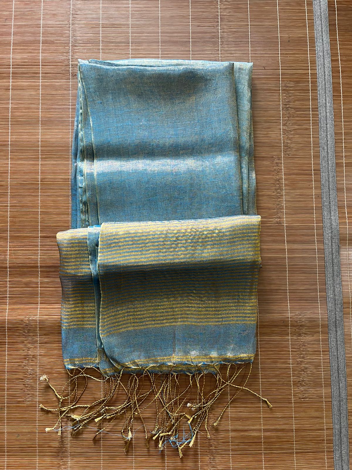 Gold with sky blue dual tone metallic linen handloom saree - Tamal Boutique