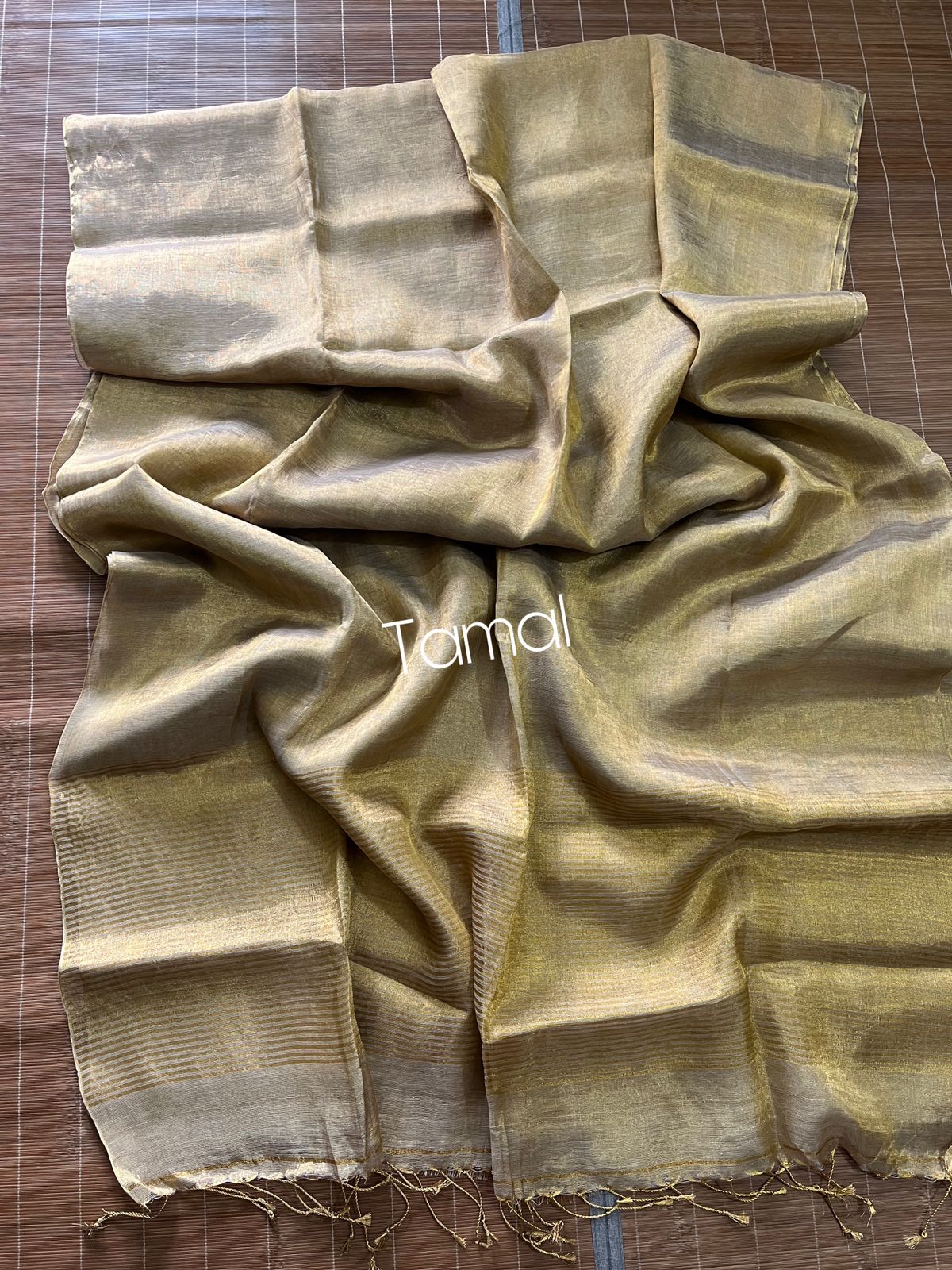 Gold with white metallic linen handloom saree - Tamal Boutique