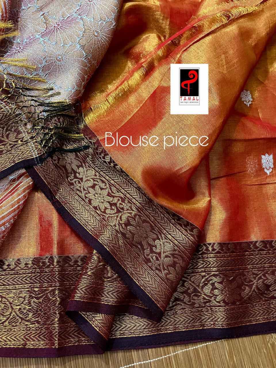 Gold zari with orange colour shads of handloom tissue banarasi saree