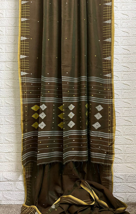 Greenish brown with yellow border cotton handwoven jamdani saree - Tamal Boutique