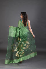 Green silk linen handwoven jamdani saree