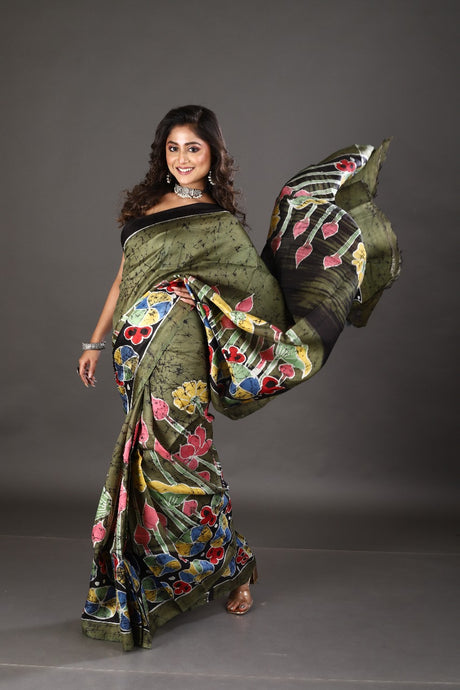 Moss green with multi colour lotus hand batik katan silk saree - Tamal Boutique