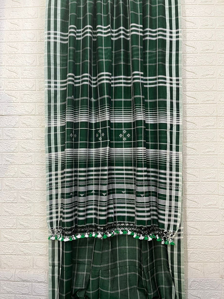 Green with white border check bhujoudi cotton handloom saree - Tamal Boutique