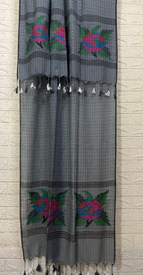 Grey with black cheeks rose motifs pure cotton handwoven jamdani kurti & dupatta set