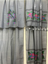 Grey with black cheeks rose motifs pure cotton handwoven jamdani kurti & dupatta set