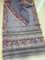 Grey with muga border allover kalmilata handwoven muslin silk jamdani saree