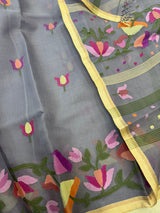 Grey with muga border allover kalmilata handwoven muslin silk jamdani saree