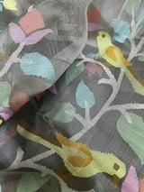 Grey with multi colour floral & birds motifs muslin silk handwoven jamdani saree - Tamal Boutique