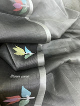 Grey with multi colour floral & birds motifs muslin silk handwoven jamdani saree - Tamal Boutique