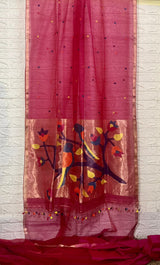 Hot Pink colour with zari border love bird pure organza silk paithani handwoven jamdani saree - Tamal Boutique