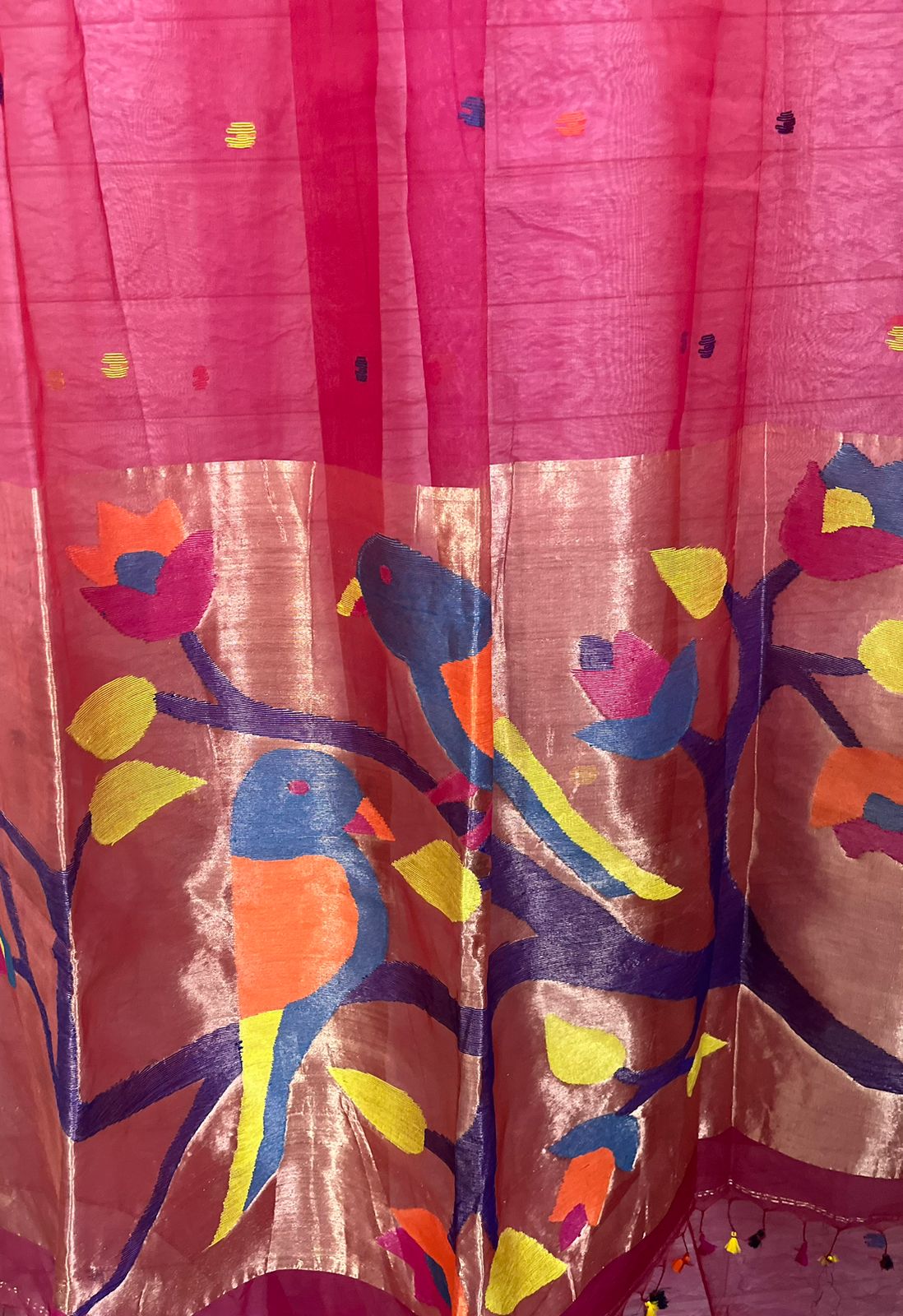 Hot Pink colour with zari border love bird pure organza silk paithani handwoven jamdani saree