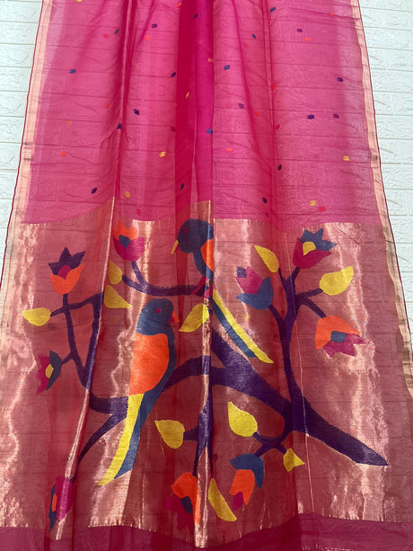 Hot Pink colour with zari border love bird pure organza silk paithani handwoven jamdani saree