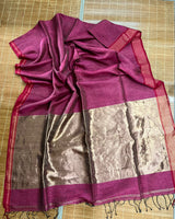 Hot pink with red border pure tissue linen handloom saree