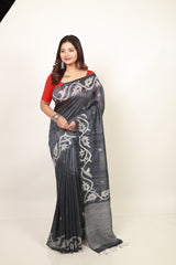 Blueish black  alpona motifs handwoven jamdani saree in matka silk