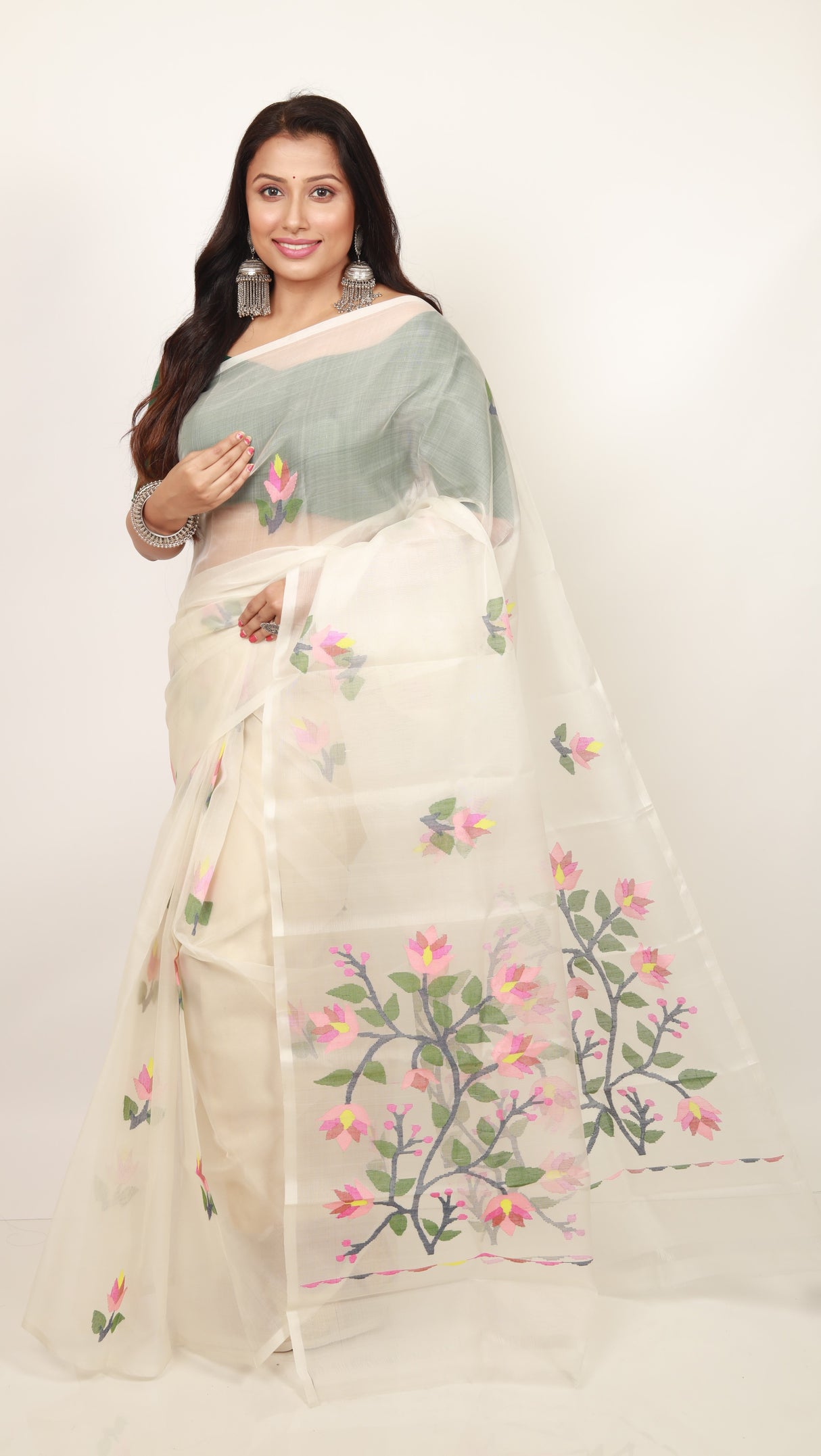 Offwhite with multi colour muslin silk handwoven jamdani saree