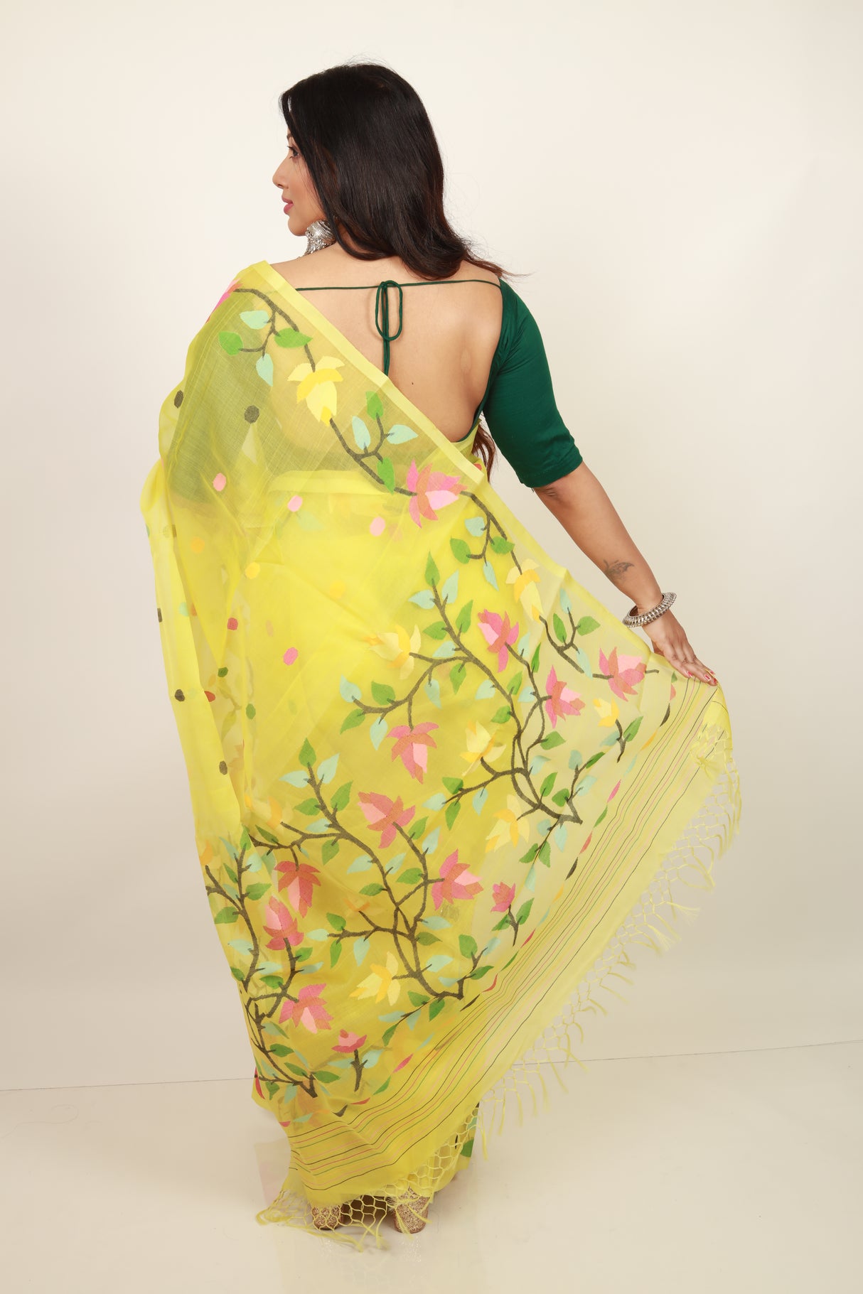 Yellow with multi floral lata design handwoven muslin silk jamdani saree