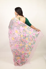 Light pink with multicolour 108 lotus motifs handwoven muslin silk jamdani saree