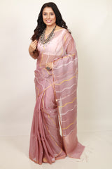 Periwinkle with zari border half & half silk linen handwoven jamdani saree