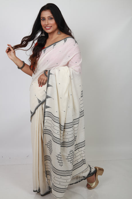 OffWhite with black temple border cotton handwoven jamdani saree - Tamal Boutique