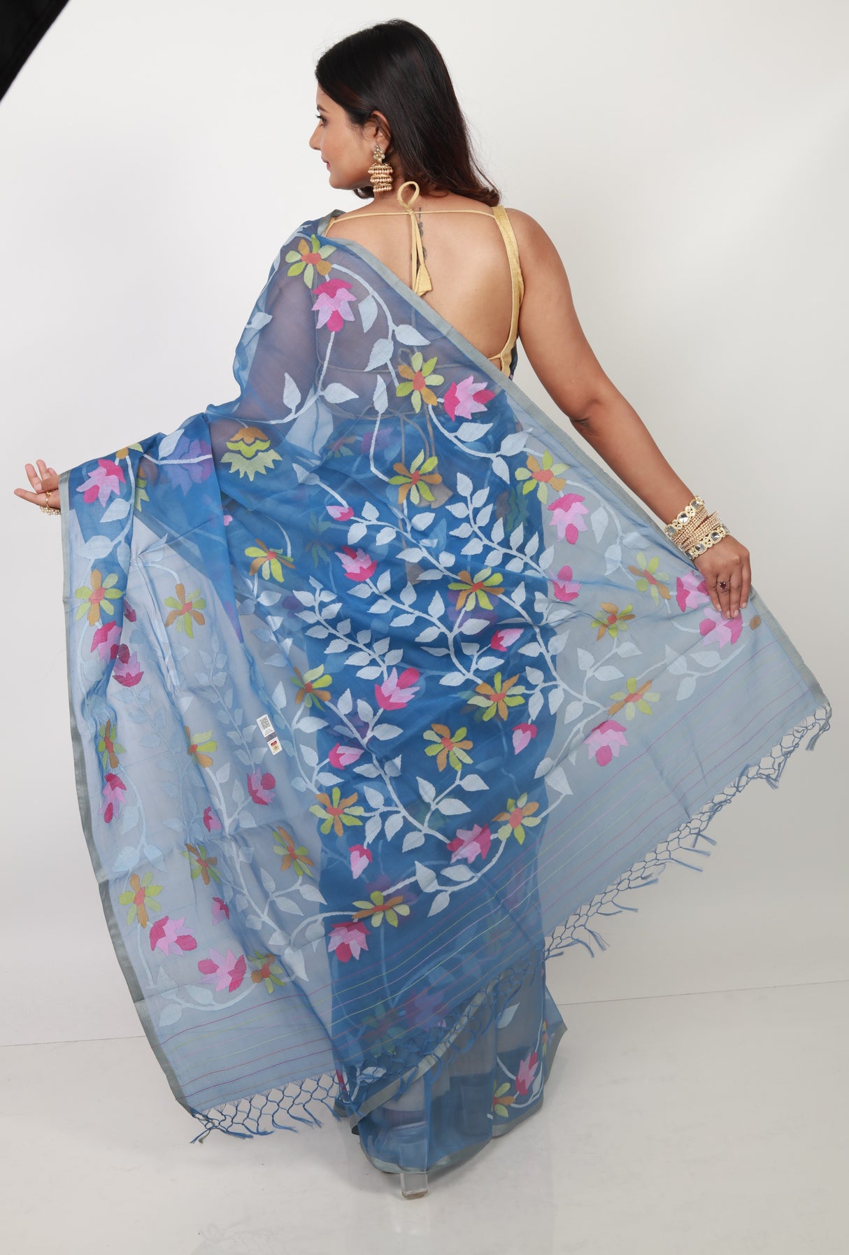 Blue With Multicolour Allover Floral Handwoven Jamdani Saree In Muslin Silk