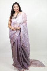 Lavender colour half silk & half linen temple border handwoven jamdani saree