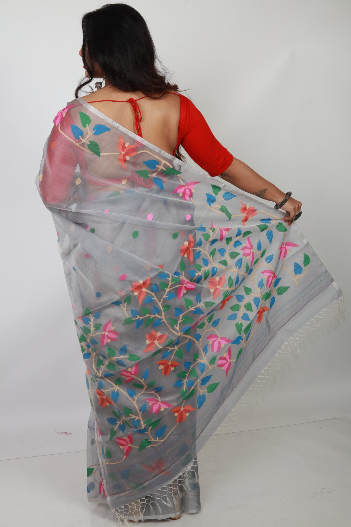Light ash with multicolour muslin silk handwoven jamdani saree with blouse piece