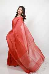 Brick red metallic linen handloom saree