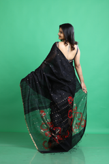 Black with golden zari border matka silk sequins handwoven jamdani saree