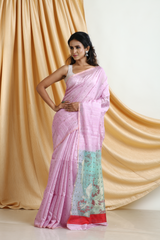 Baby Pink Matka Silk Sequins Handwoven Jamdani Saree