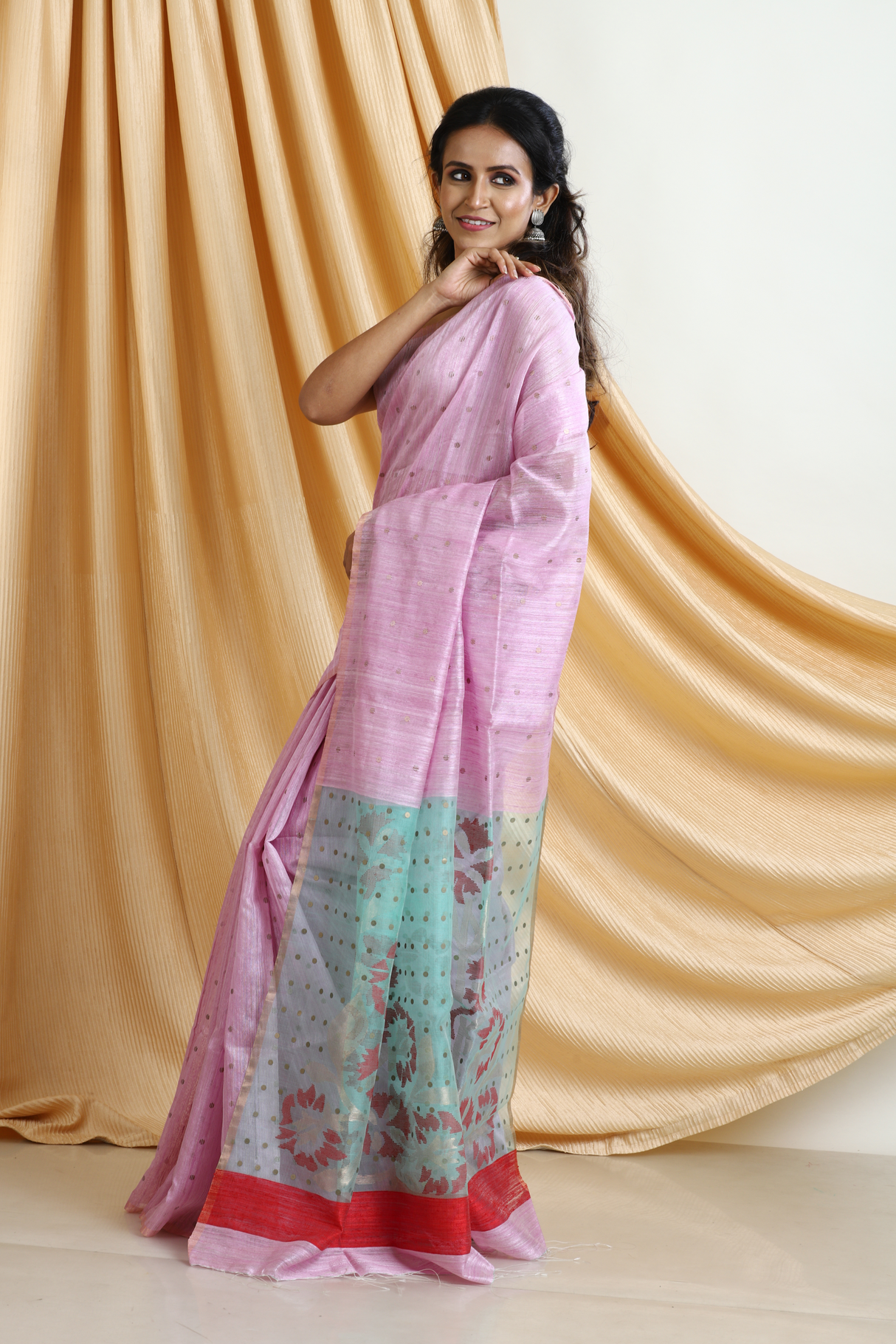 Baby Pink Matka Silk Sequins Handwoven Jamdani Saree