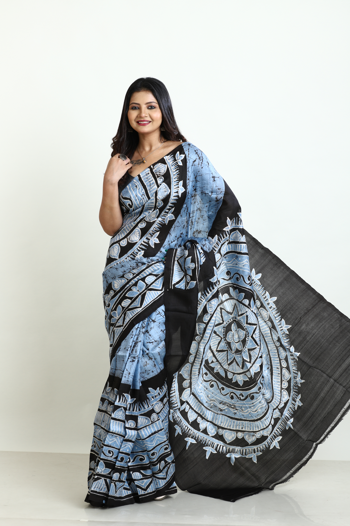 Blue with black batik in katan ilk saree