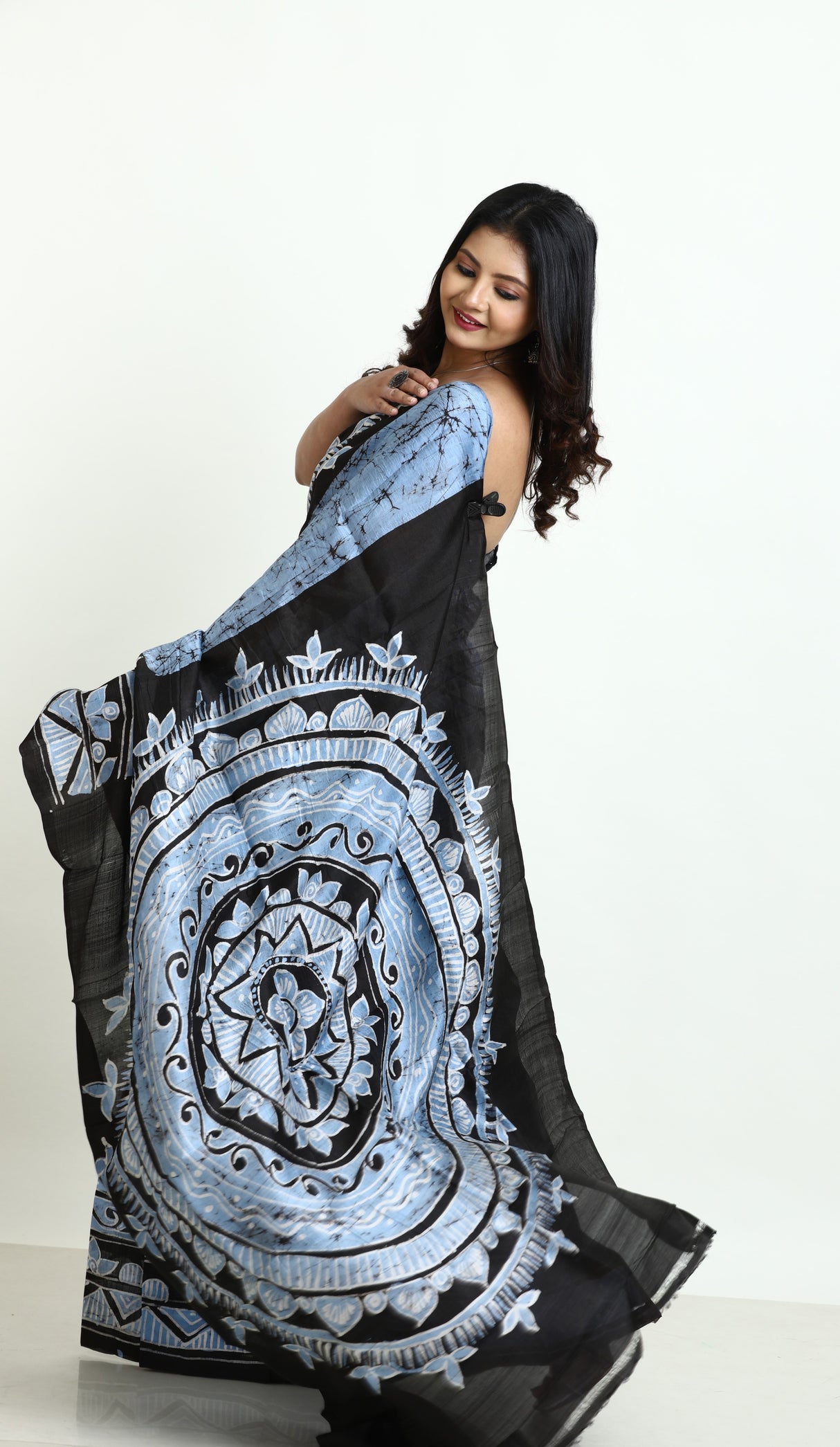 Blue with black batik in katan ilk saree