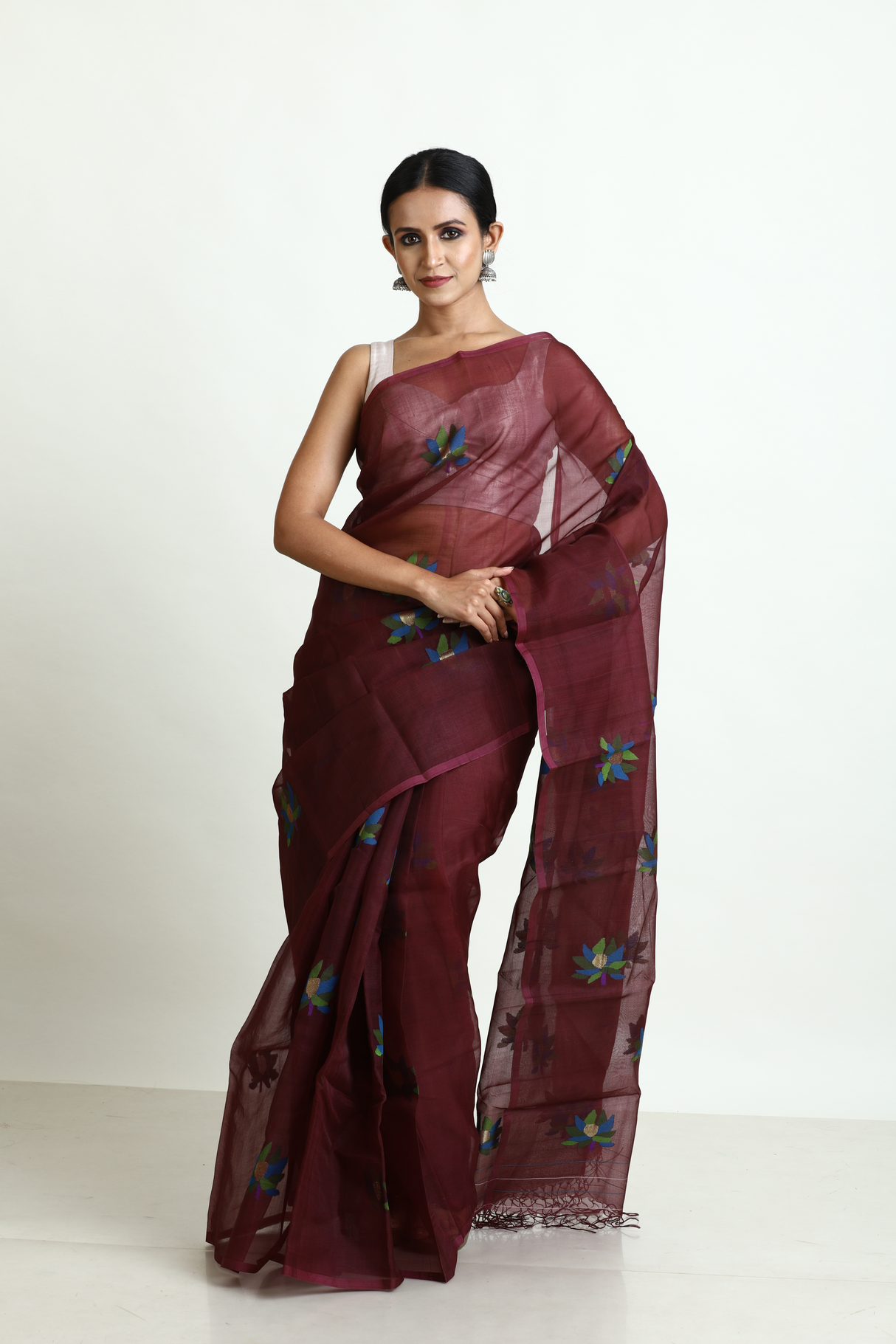 Chocolate Brown with multi colour lotus motifs handwoven jamadani silk saree