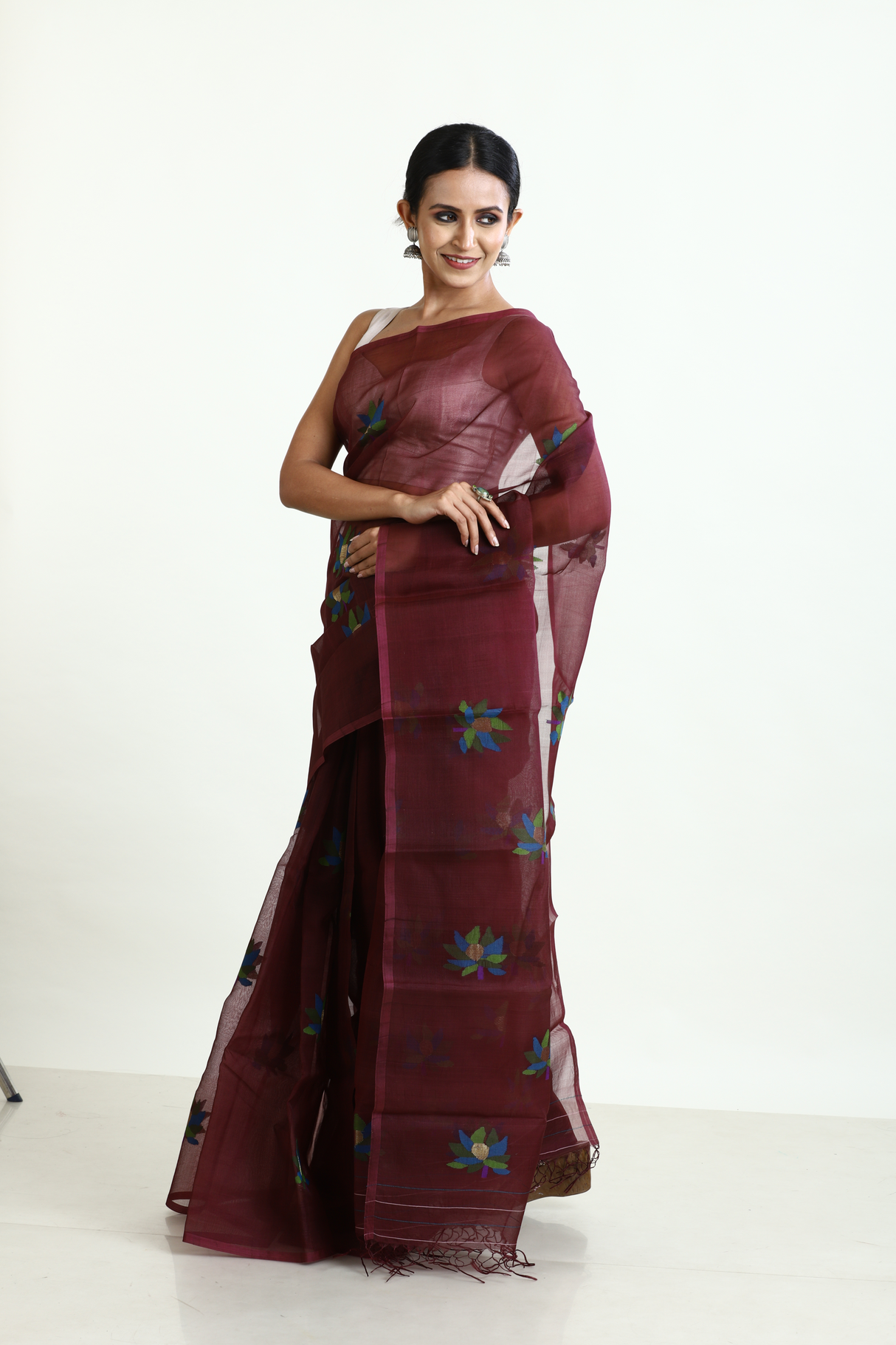 Chocolate Brown with multi colour lotus motifs handwoven jamadani silk saree